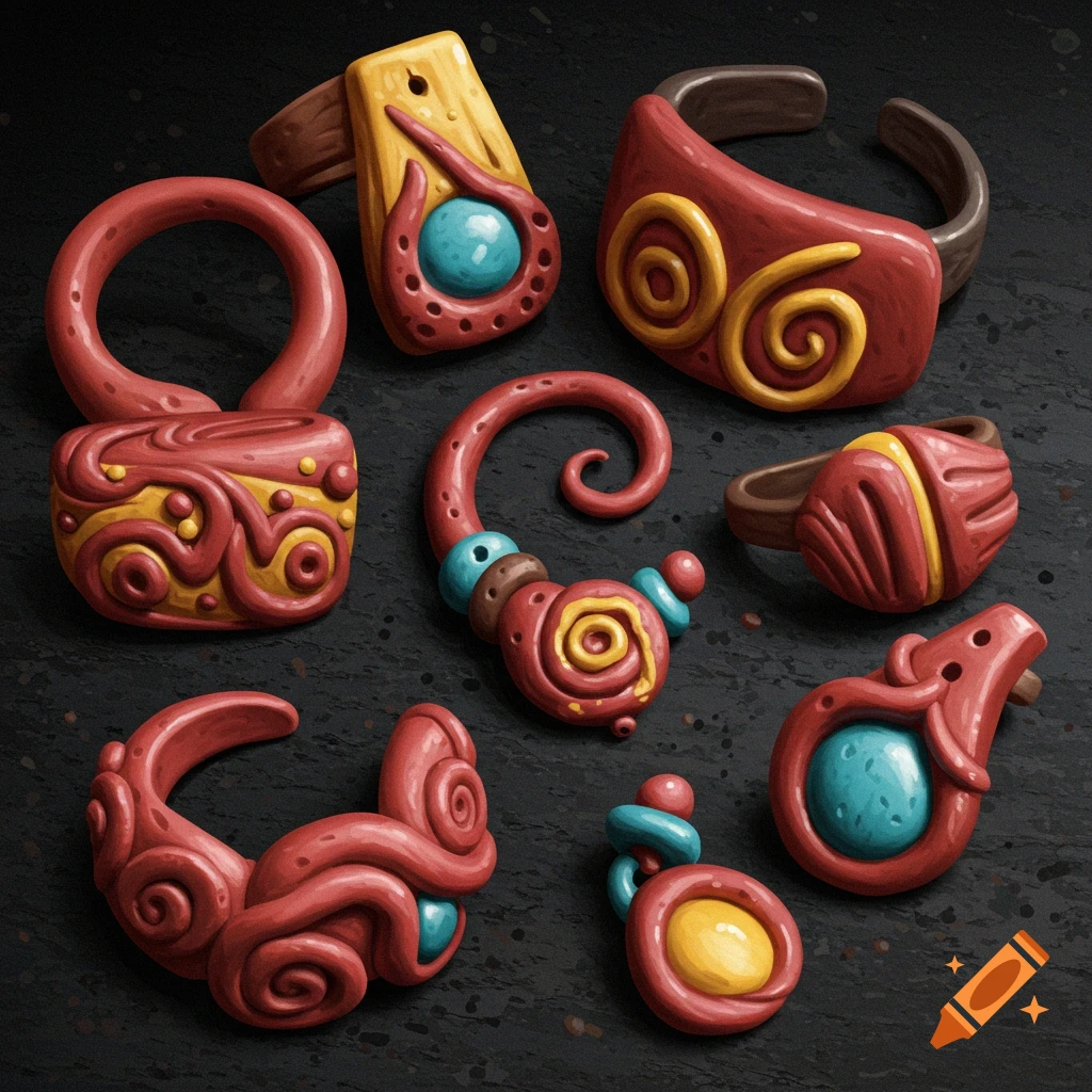 Close-up of handmade red clay jewelry with yellow spirals and blue accents on a dark background.