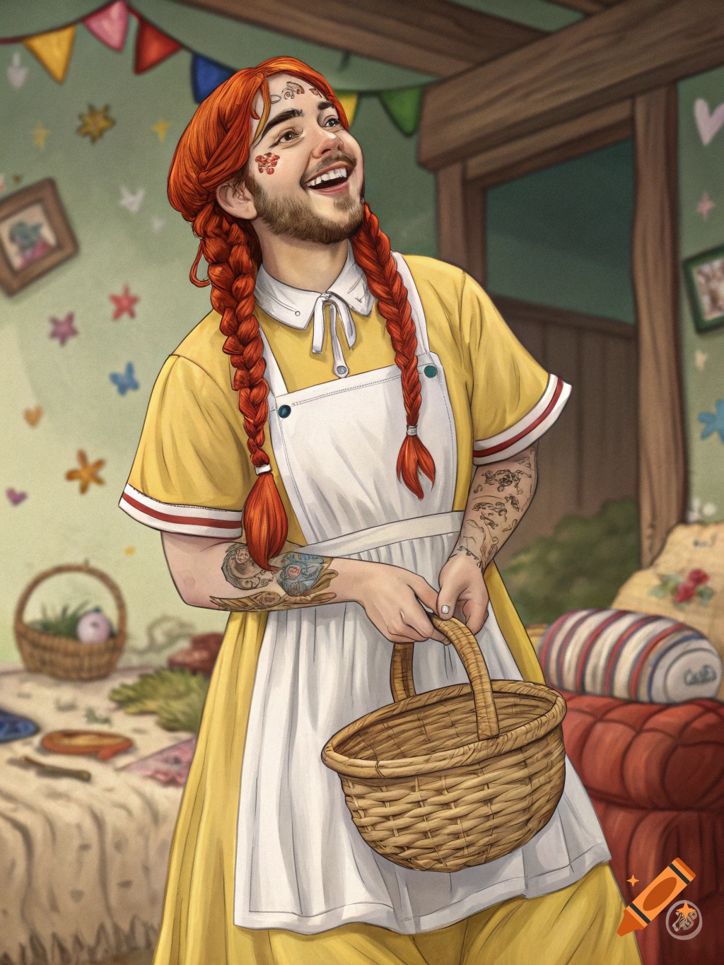 Illustration of a man resembling Post Malone in a yellow dress and apron with red braids, holding a basket.