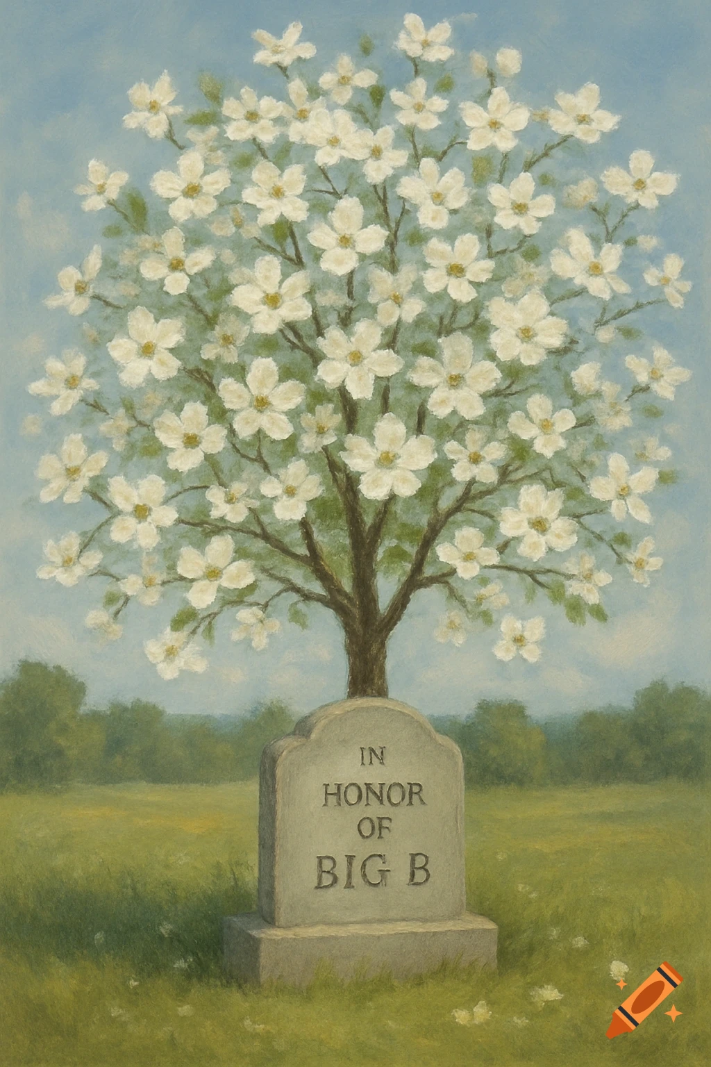 Painted flowering tree over tombstone with 'In Honor of Big B'.