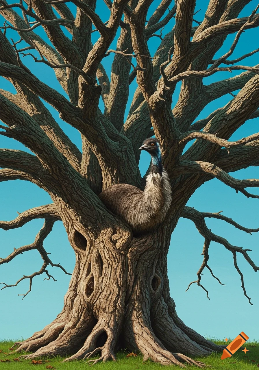 An emu appears as part of the trunk of a large, gnarled tree with many branches under a blue sky.