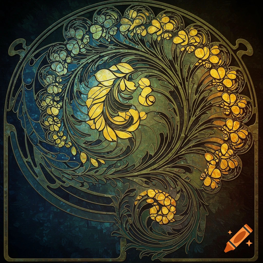 Art Nouveau decorative panel with yellow floral designs and blue-green organic elements.