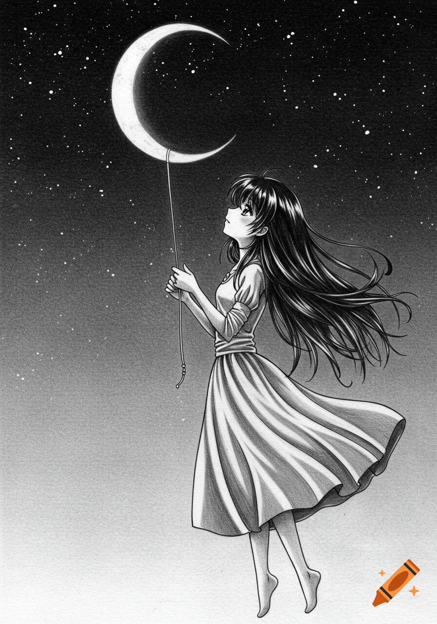 Black and white pencil sketch of an anime girl holding the crescent moon  like a balloon in a starry sky. on Craiyon, image size:896x1280