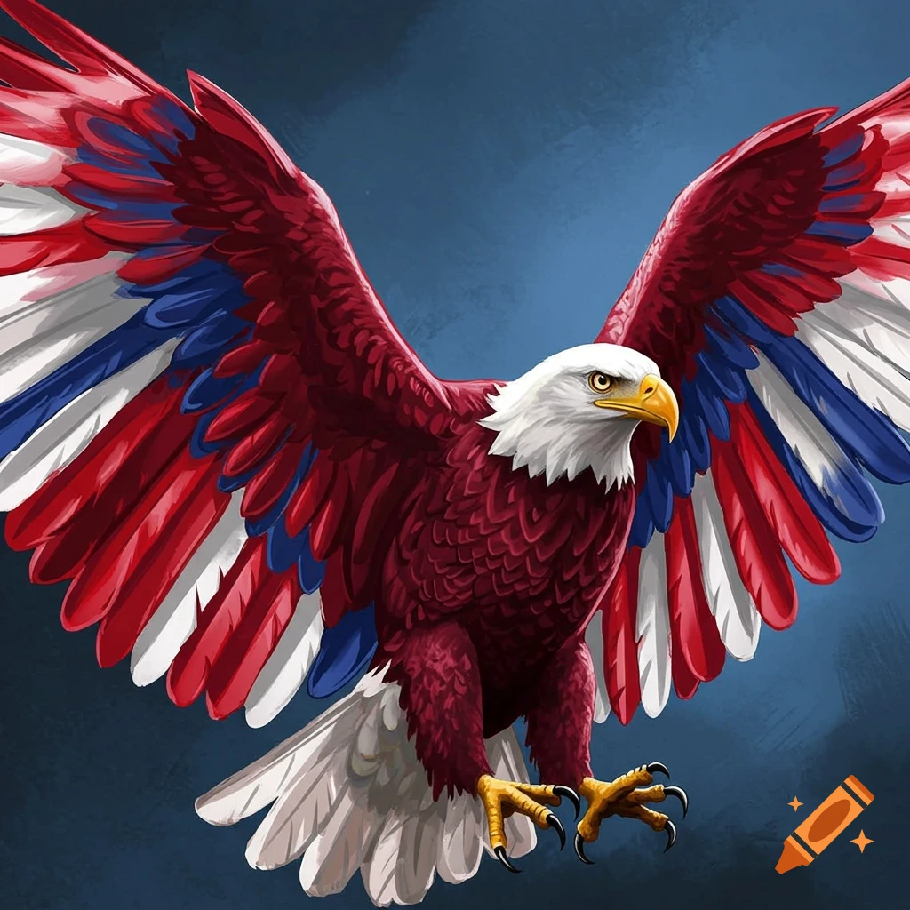 Illustration of a bald eagle with wings and body colored red, white, and blue.
