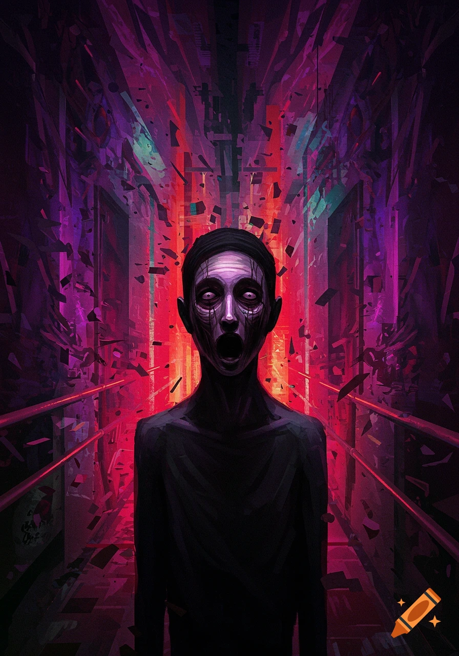 Abstract dark art of a figure screaming with a distorted face in a fragmented, vibrant background.