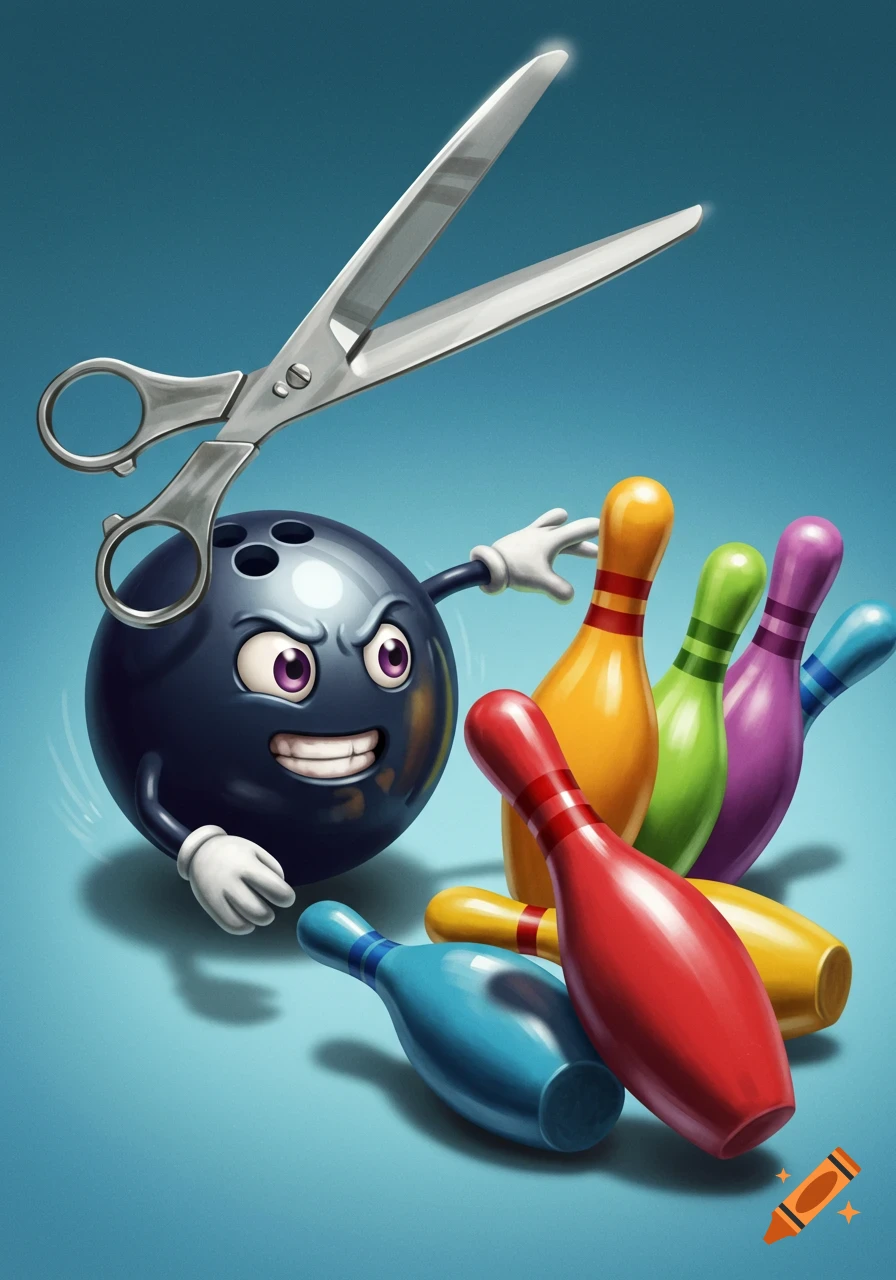 Cartoon bowling ball character with scissors attacking bowling pins.