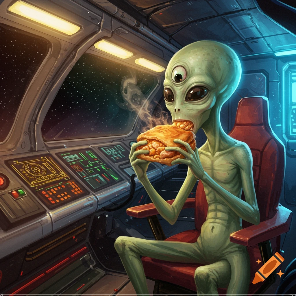 A three-eyed alien sits in a futuristic spaceship cockpit eating a chicken bake while looking out at stars.
