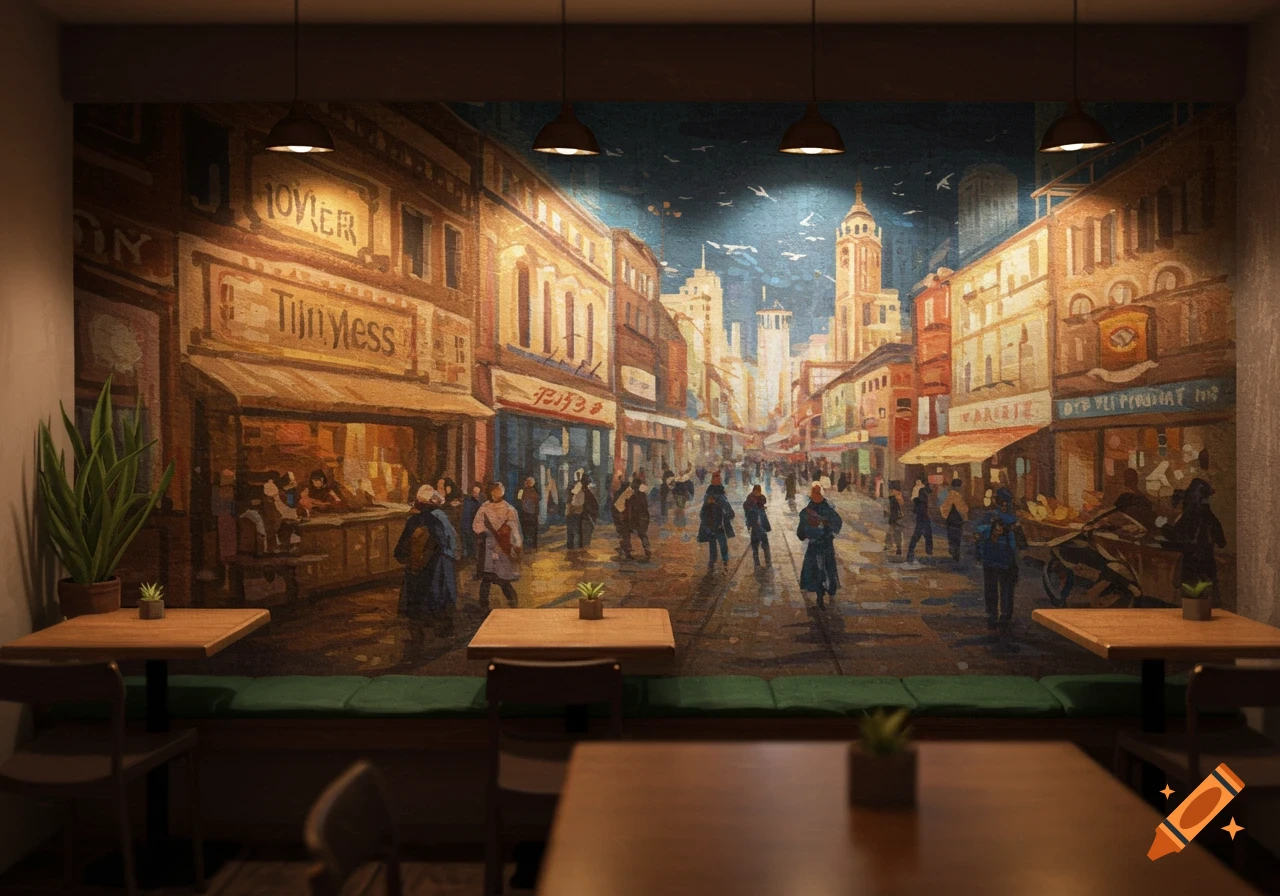 Cafe wall with a mural of a bustling city street scene painting.
