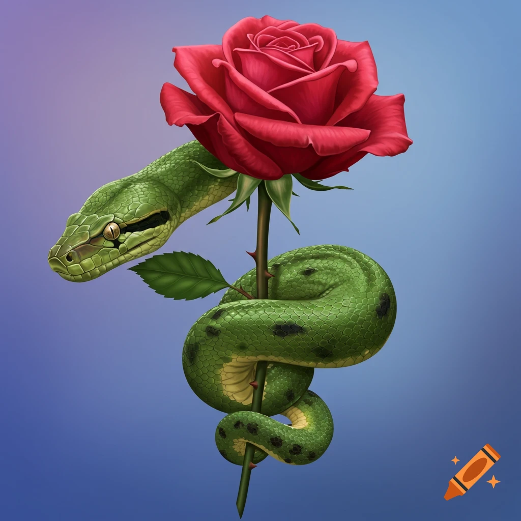 A detailed illustration of a green snake coiled around a thorny red rose stem.