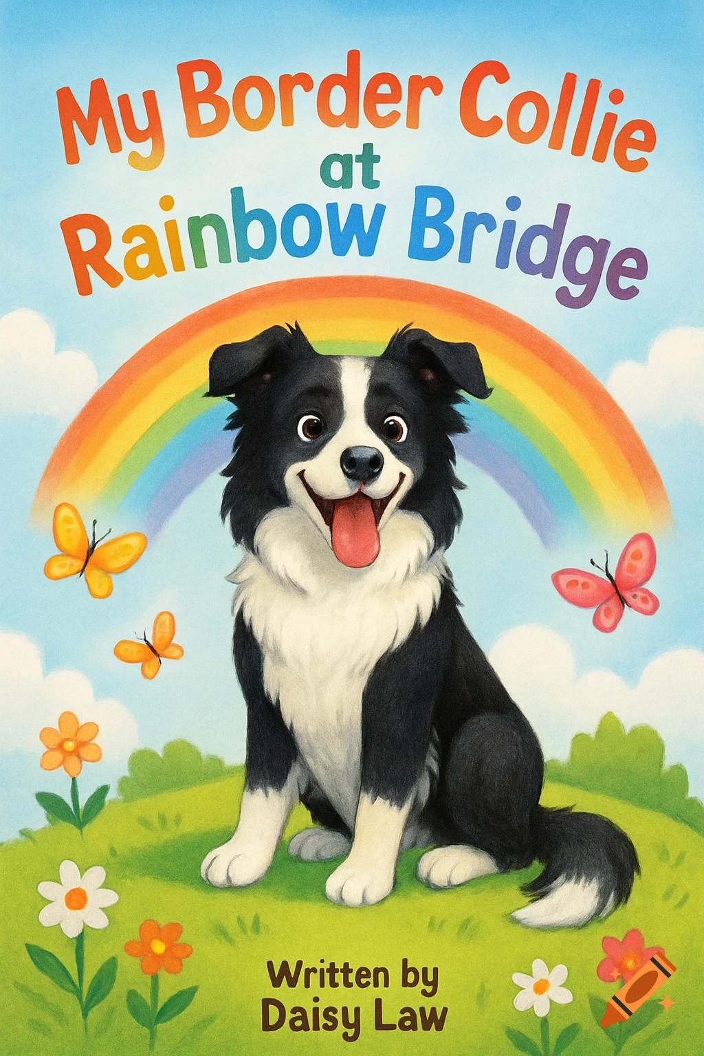 Illustration of a cheerful border collie dog under a rainbow with butterflies and flowers on a grassy hill.
