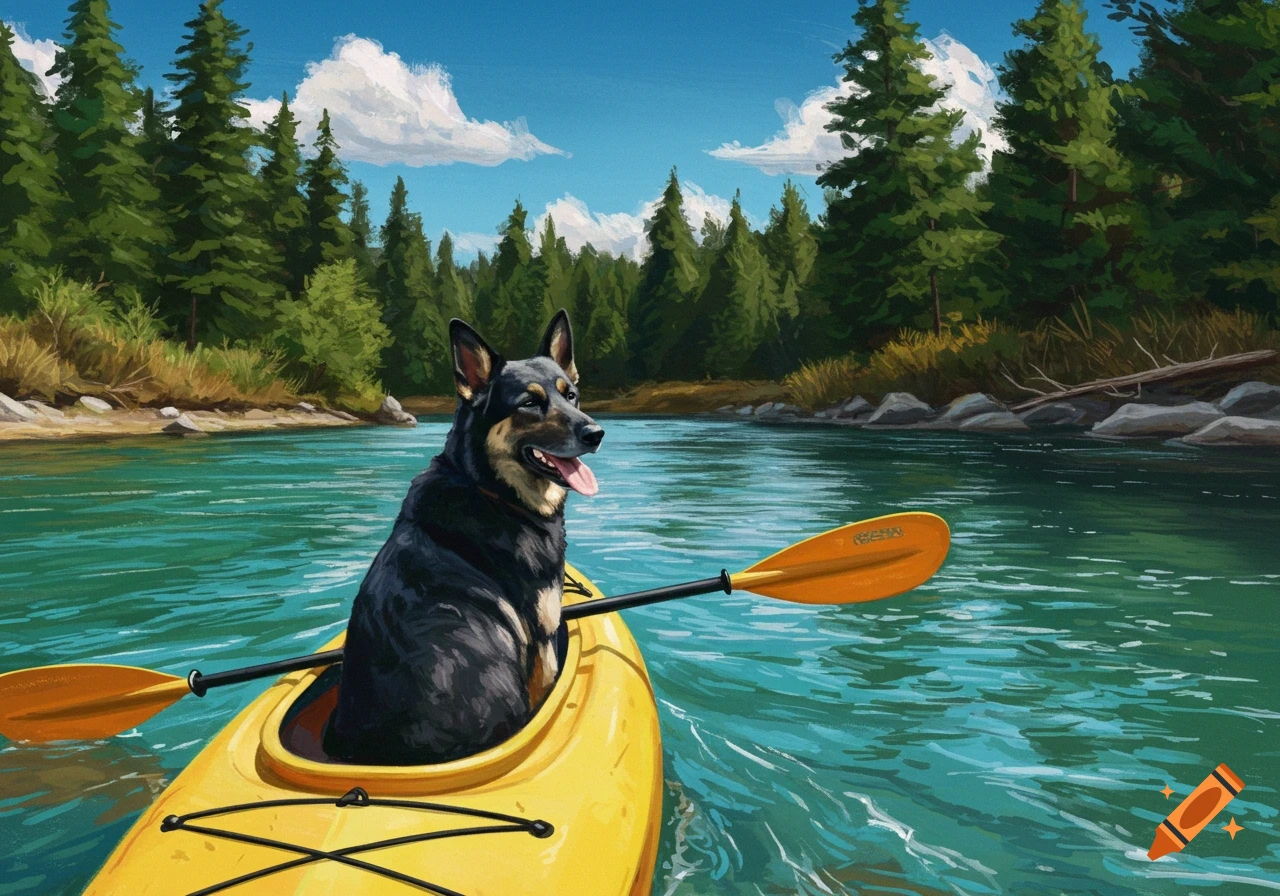 A black and tan dog sits in a yellow kayak on a river, surrounded by pine trees. Painted style.