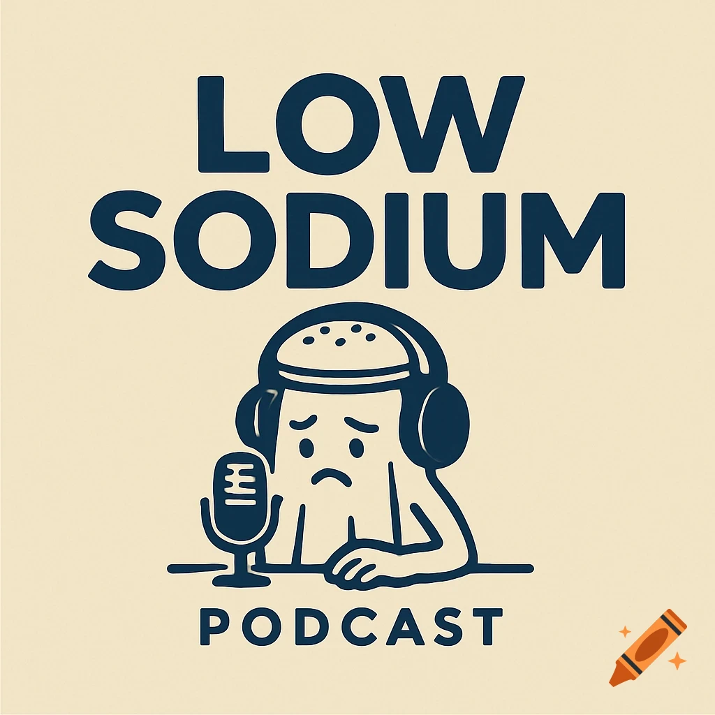 Logo for Low Sodium Podcast featuring a sad bun-like character with headphones at a microphone.