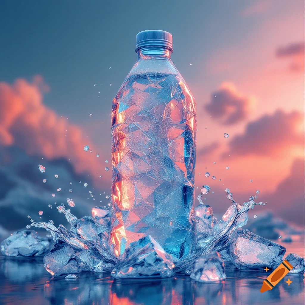 Faceted water bottle surrounded by ice and water splashes under a colorful sky.