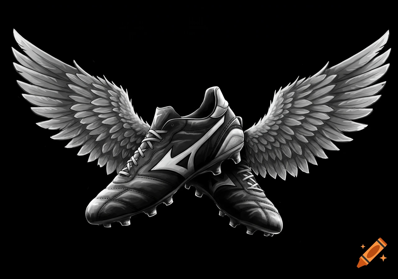 Black and white illustration of soccer shoes with wings.