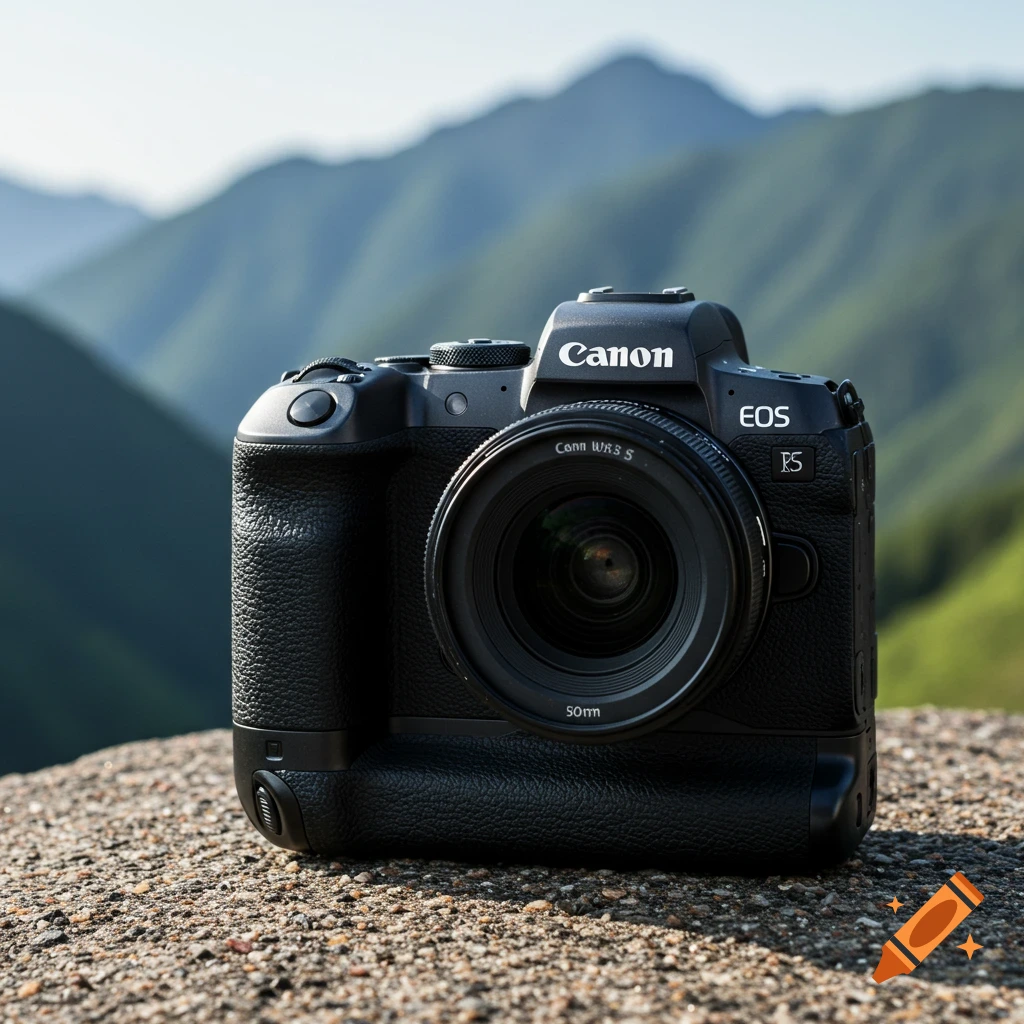 Black camera on a rock with mountains in the background