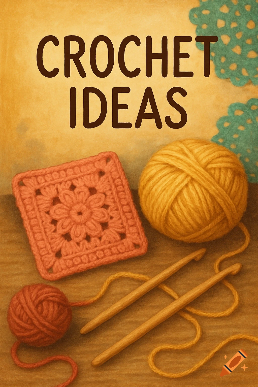 A still life illustration of crochet items, yarn, and hooks with the text 'CROCHET IDEAS'.