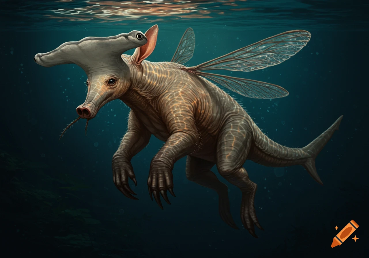 A fantastical mashup creature with a hammerhead shark head, aardvark body, mosquito wings, and shark tail swims underwater.