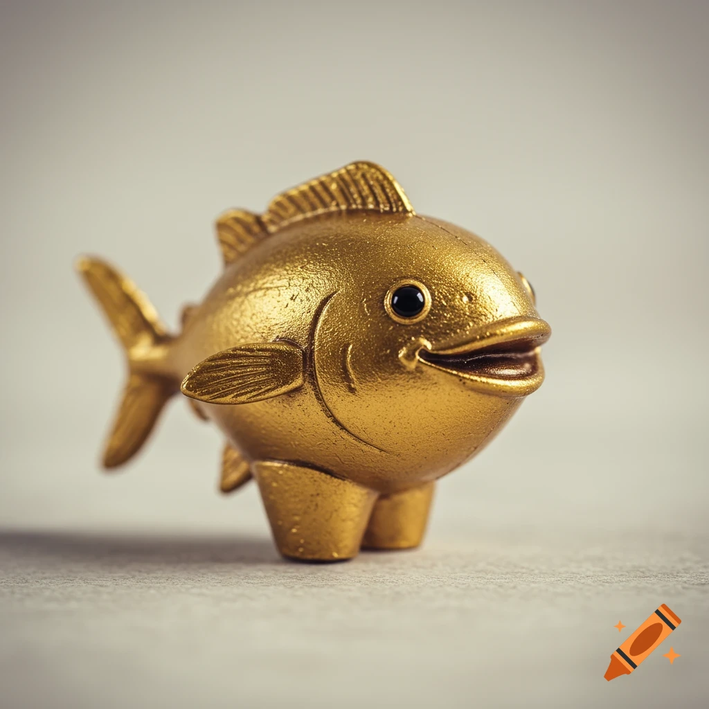 A happy golden toy fish standing on legs
