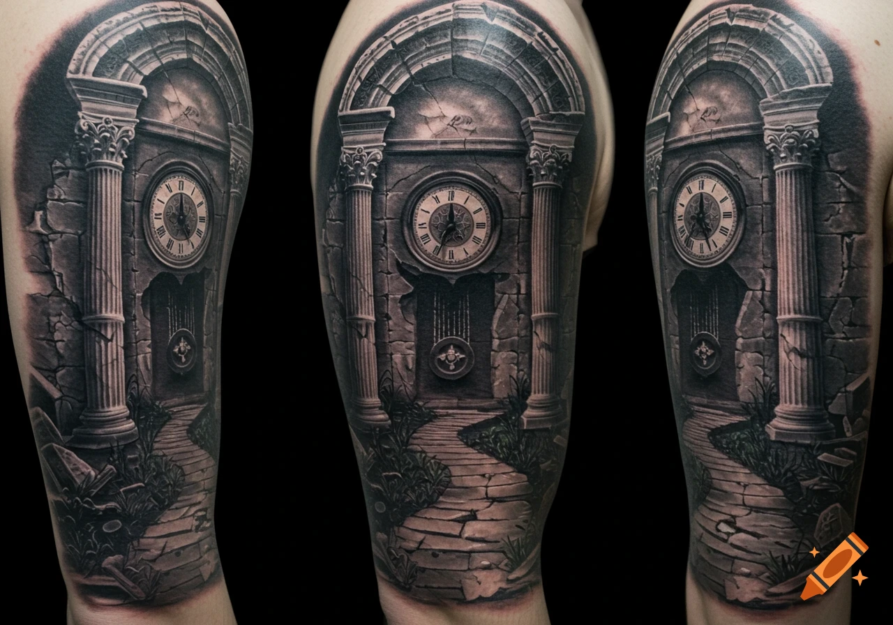 Black and grey tattoo of ruined Greek temple columns with a clock and pendulum inside, and a stone path.