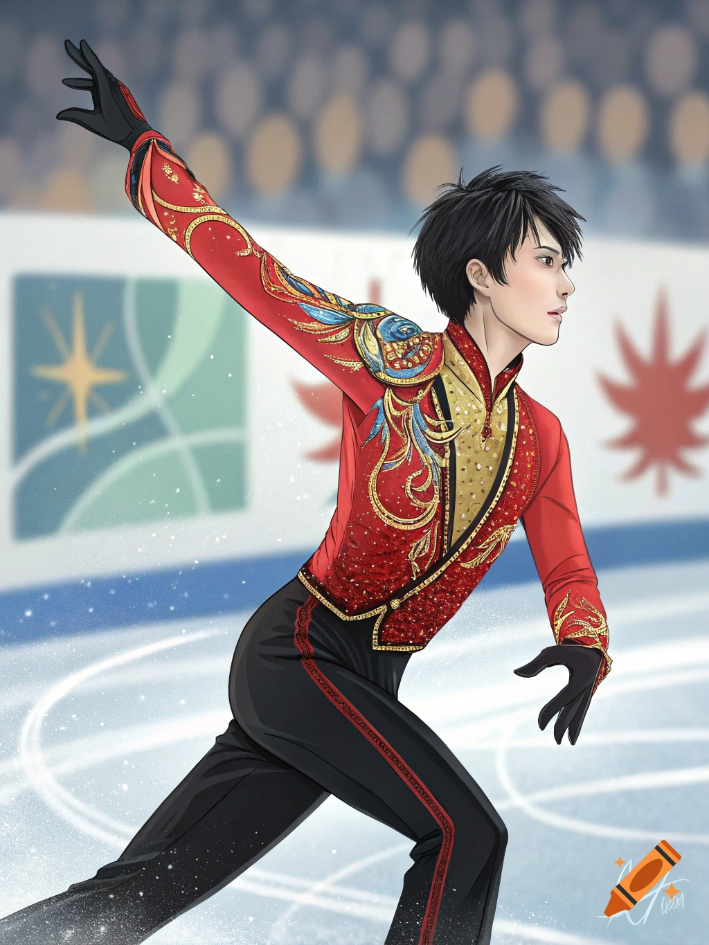 Illustration of a male figure skater in a red and gold costume on the ice