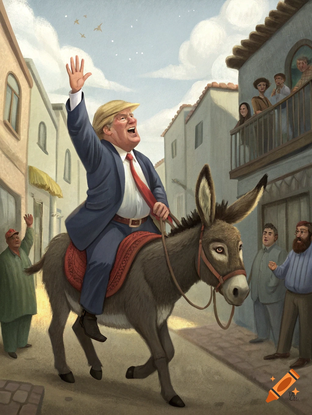 Illustration of Donald Trump riding a donkey down a street, waving to onlookers.