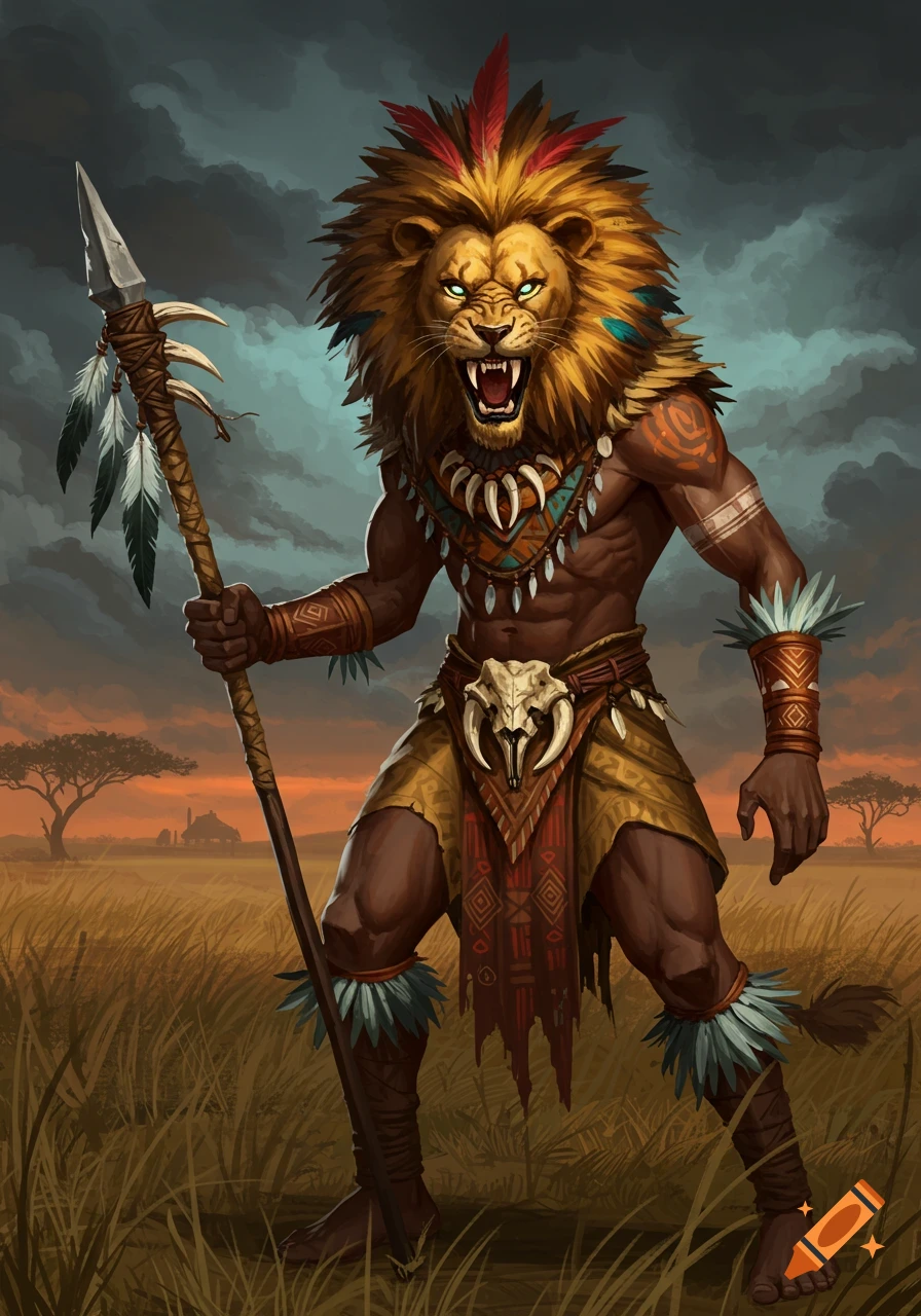 A fantasy tribal warrior with a lion head stands fierce in a savanna with a spear.