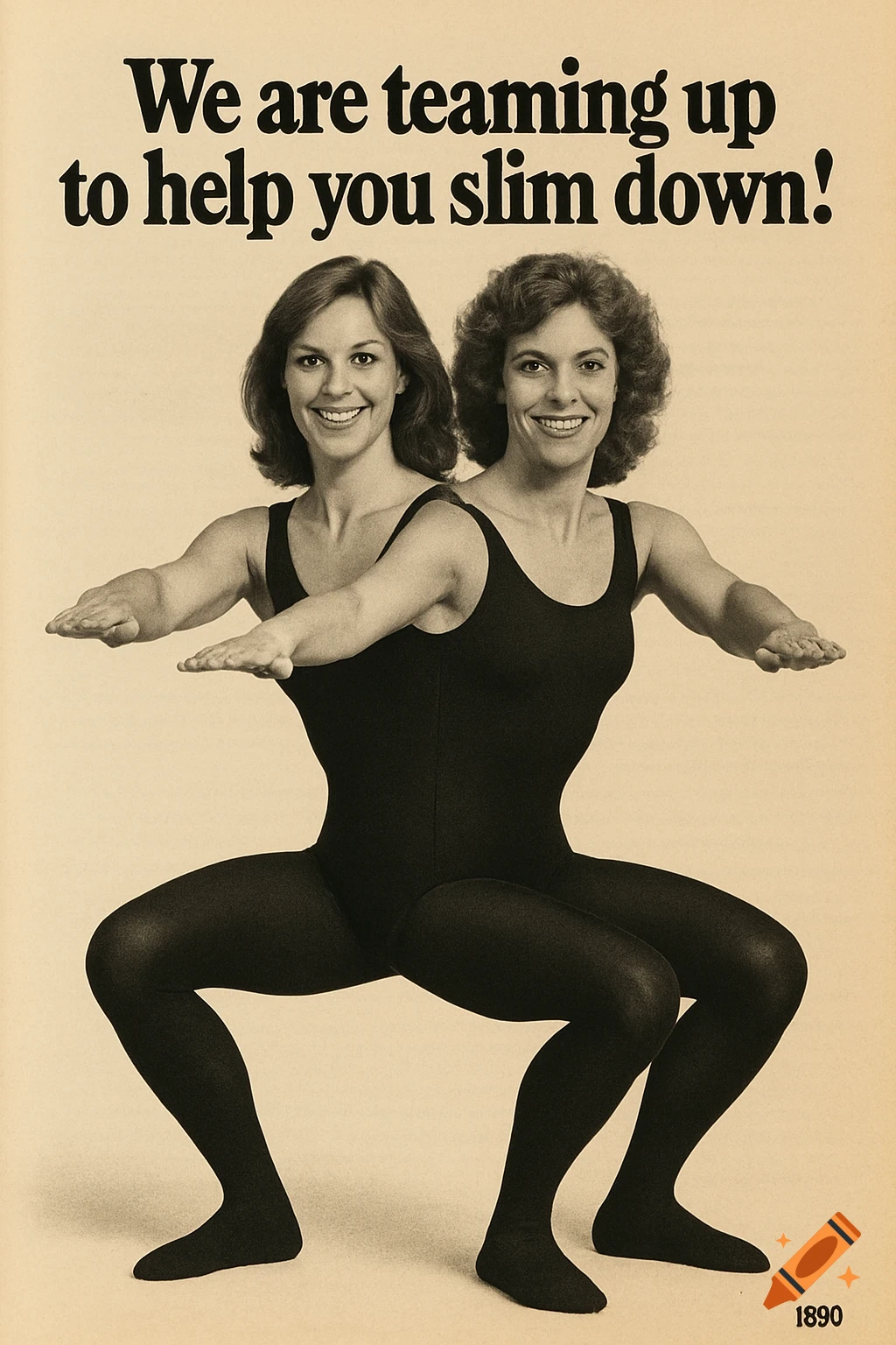 Vintage ad shows a two-headed woman in a black leotard and tights squatting with arms extended. Text reads: We are teaming up to help you slim down!