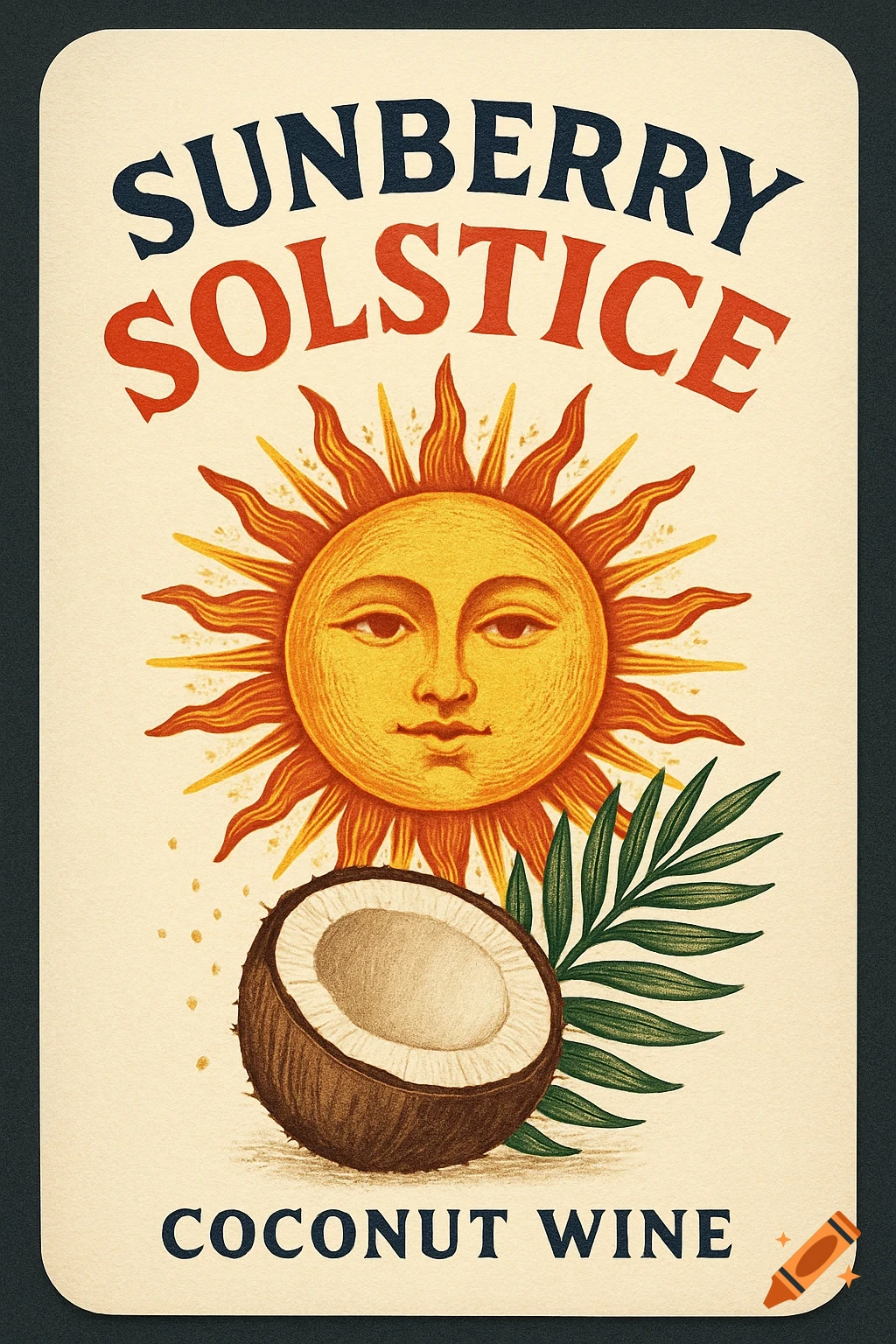 Illustrated label for Sunberry Solstice Coconut Wine with a sun and a coconut.