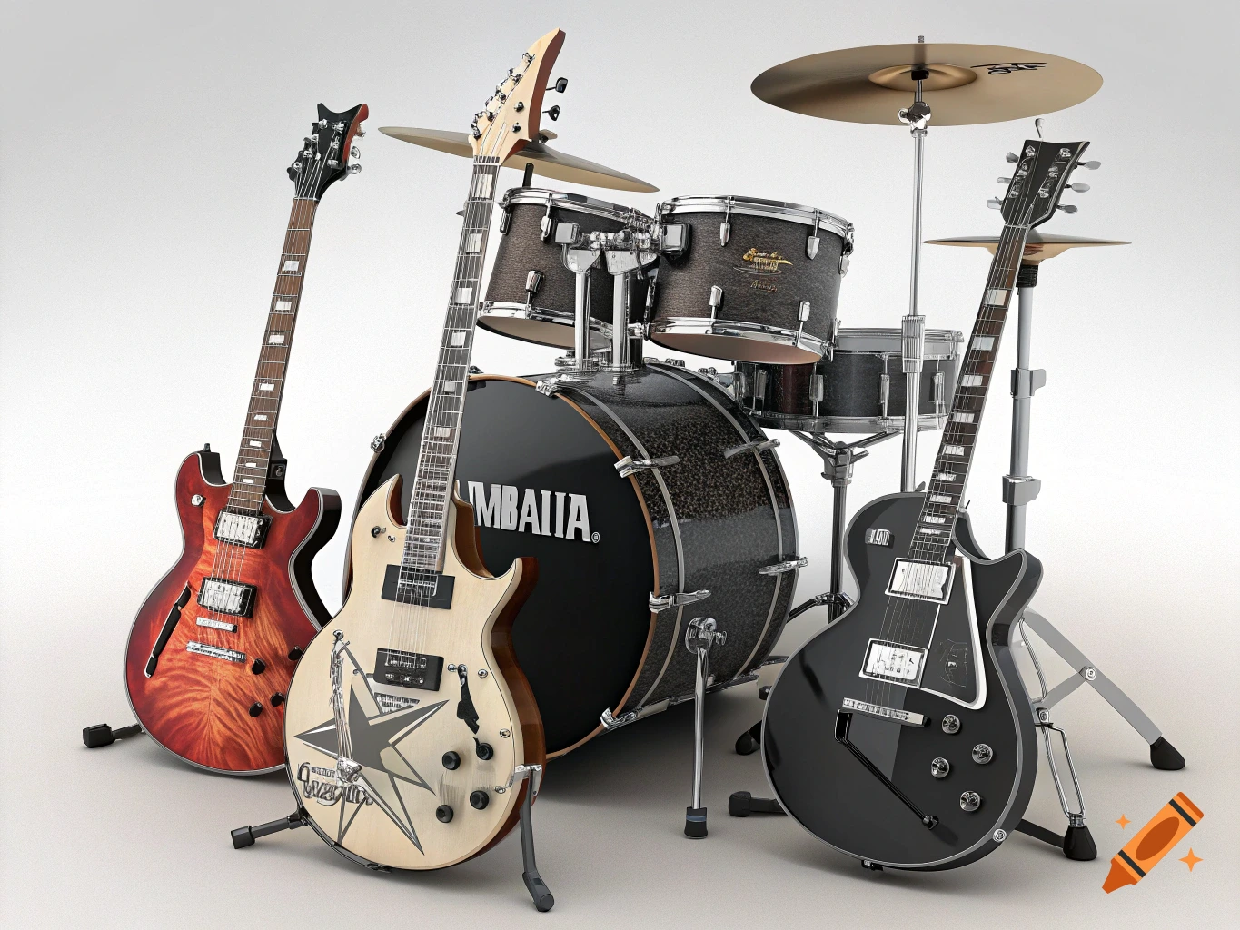 Three electric guitars and a drum set are arranged on a white background.