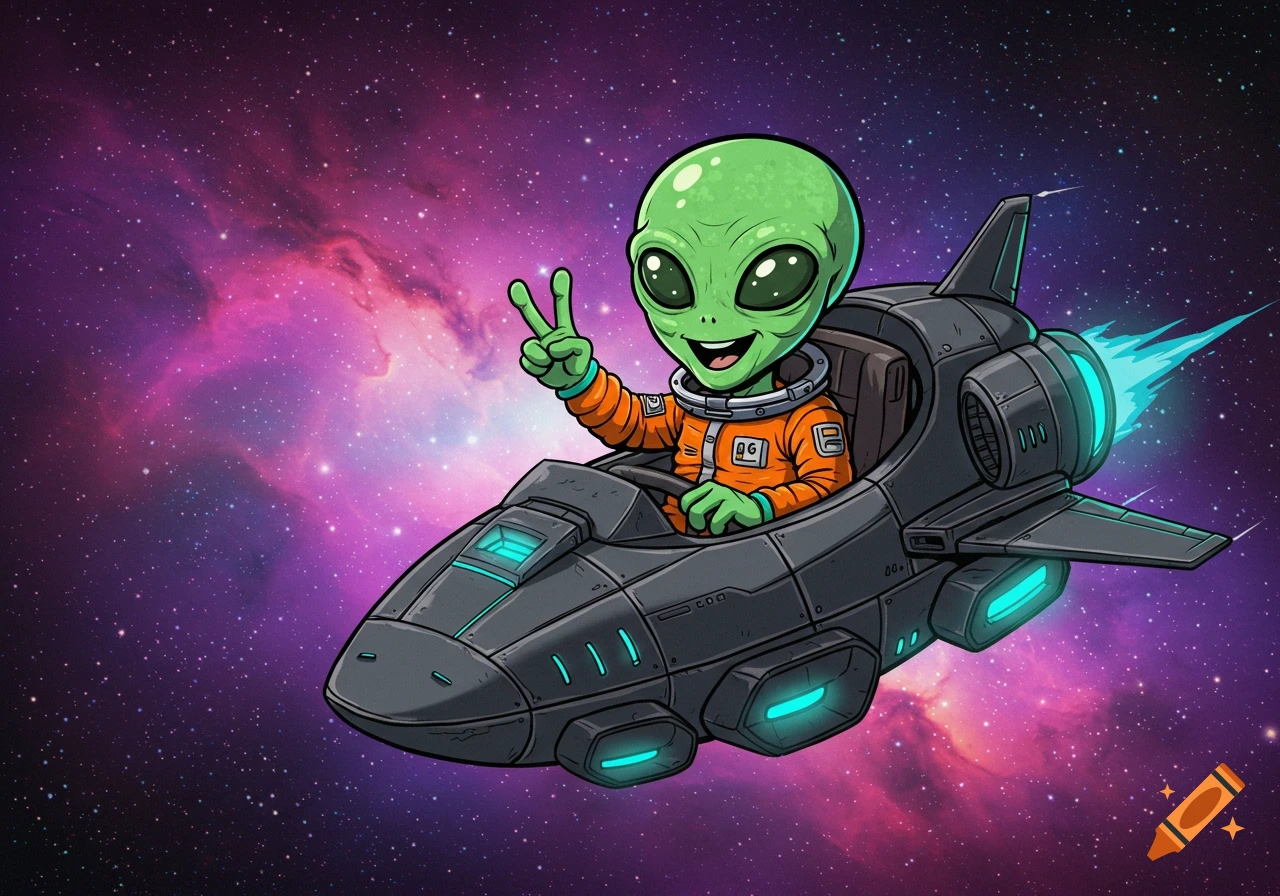 Cartoon green alien in orange spacesuit pilots spaceship, gives peace sign in space.