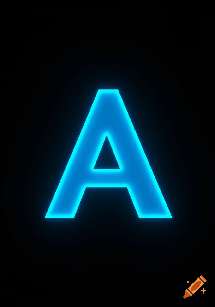 Blue glowing letter A on a black background