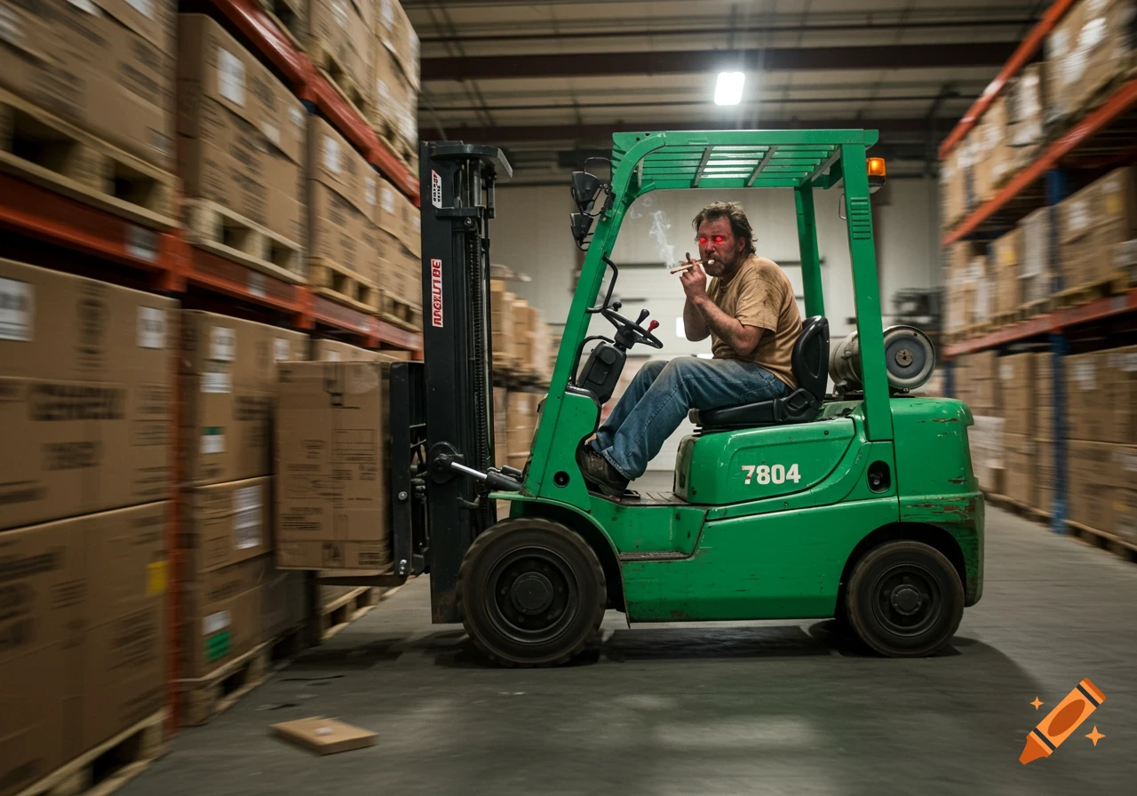A man with red eyes smokes a joint while driving a green forklift in a warehouse.