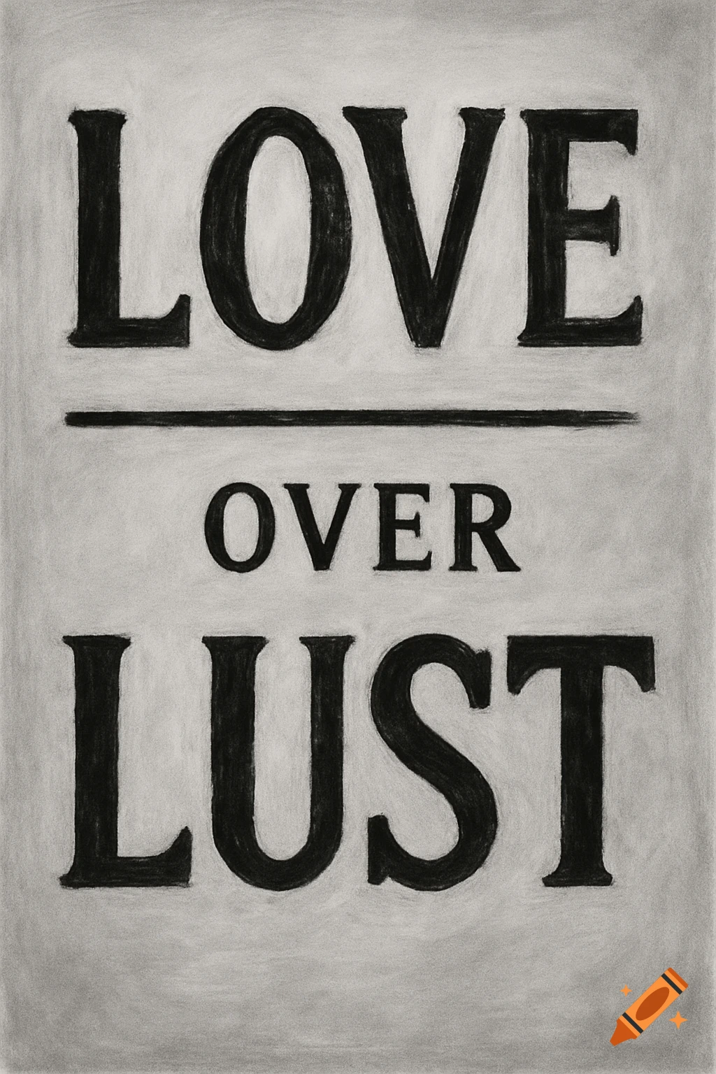 Black and white drawing with the text "LOVE OVER LUST".
