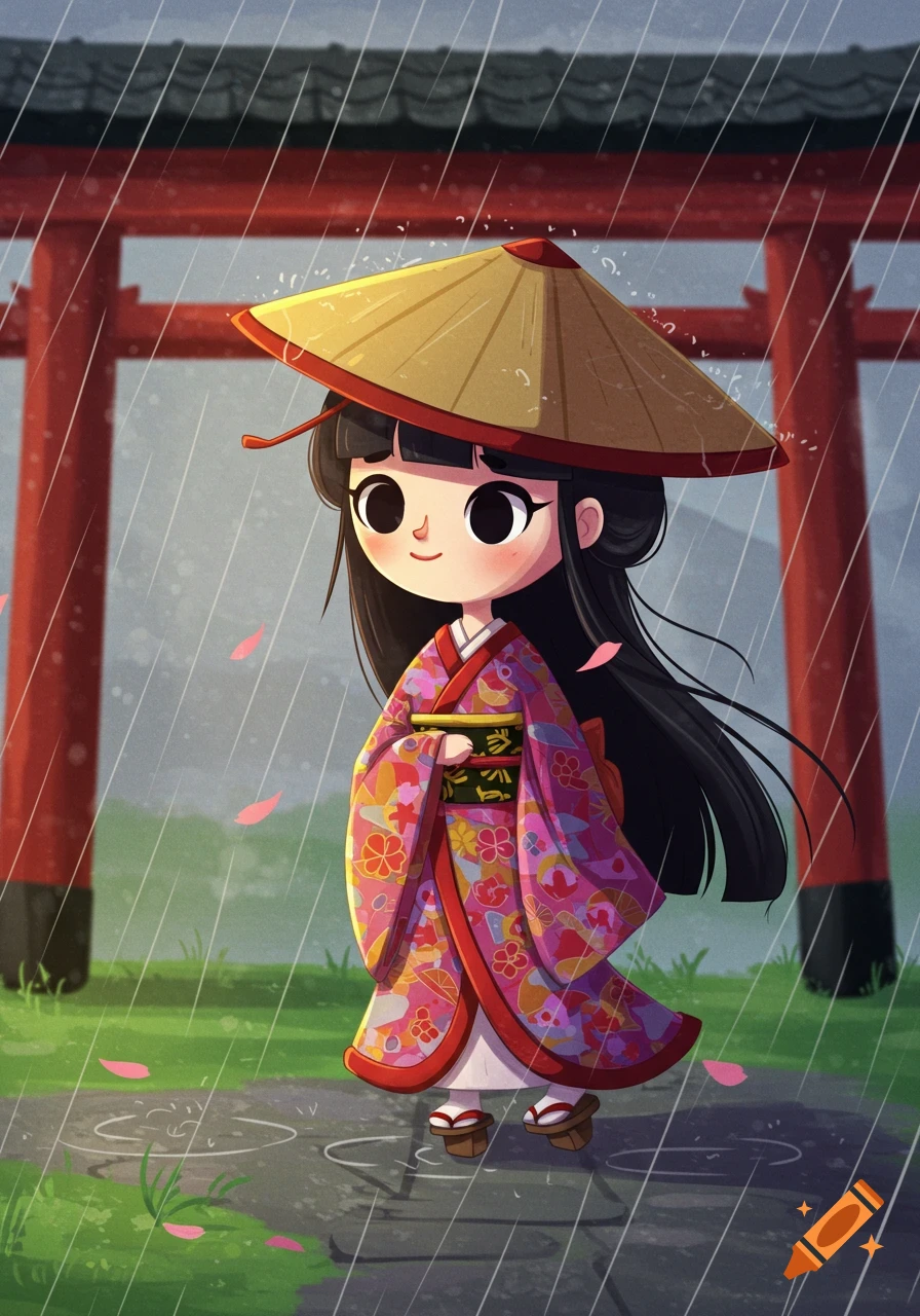 A cartoony character in a kimono and conical hat walks in the rain past a red torii gate.