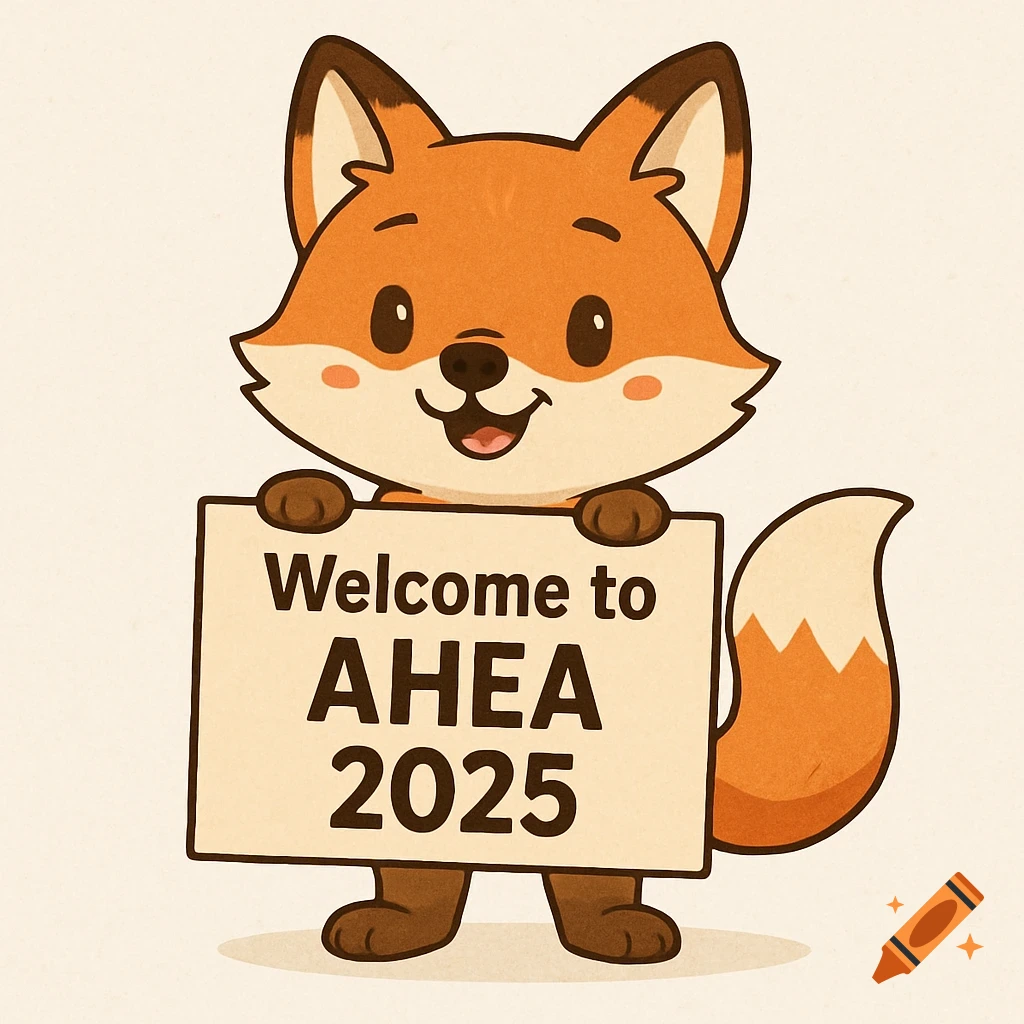 Cartoon fox holding a sign that says Welcome to AHEA 2025