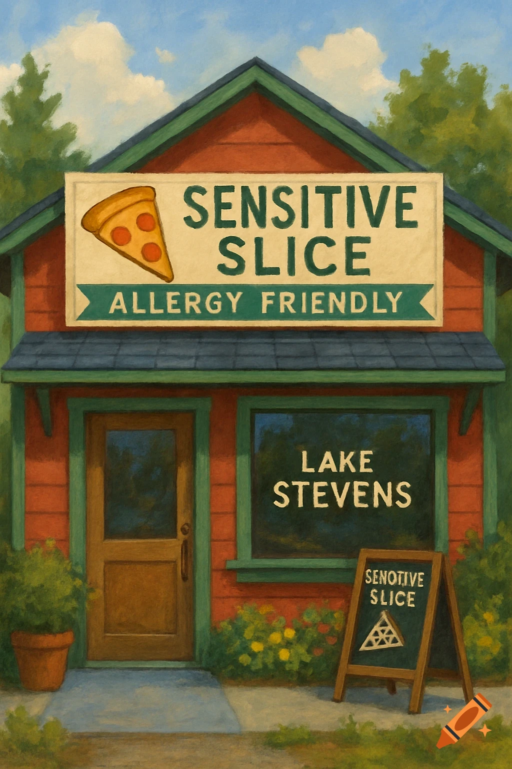A painted storefront for Sensitive Slice pizza in Lake Stevens with signs and plants.