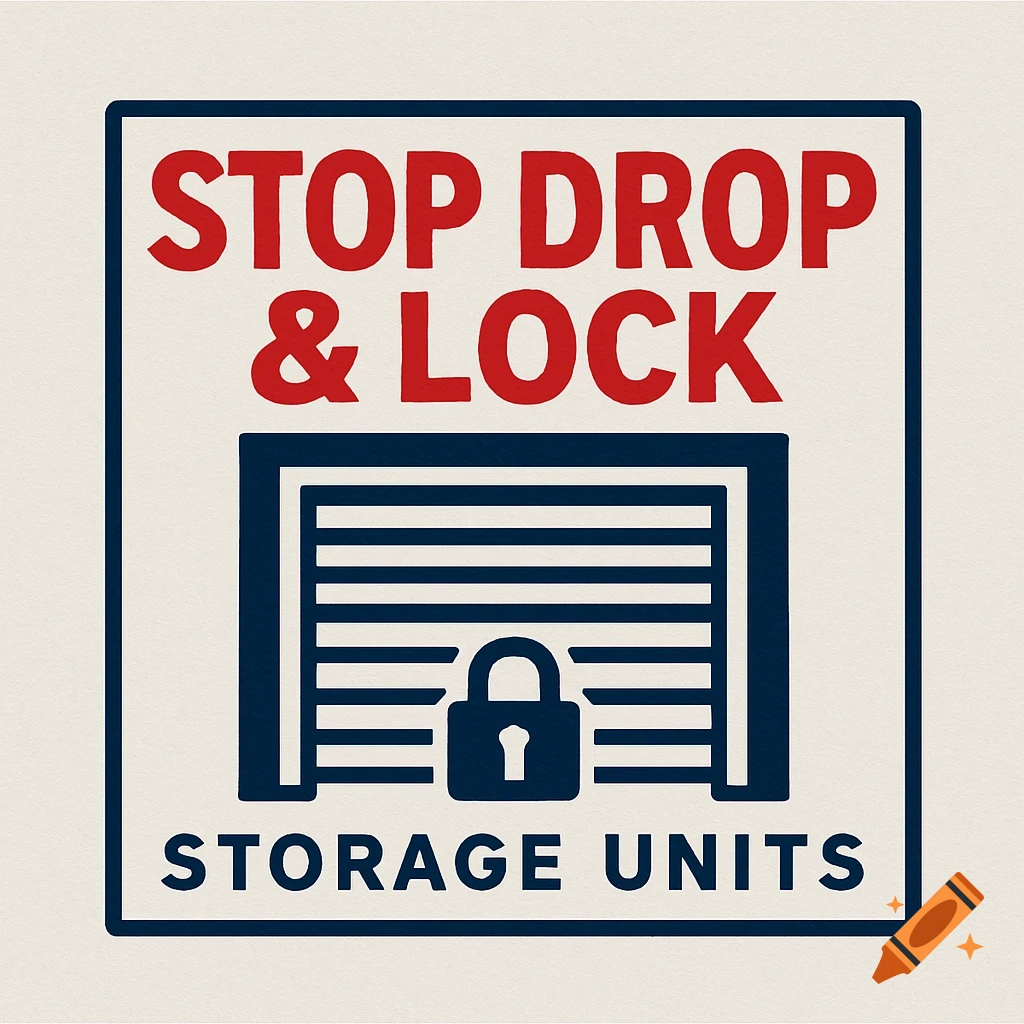 Logo for Stop Drop & Lock Storage Units with a storage door and lock icon.