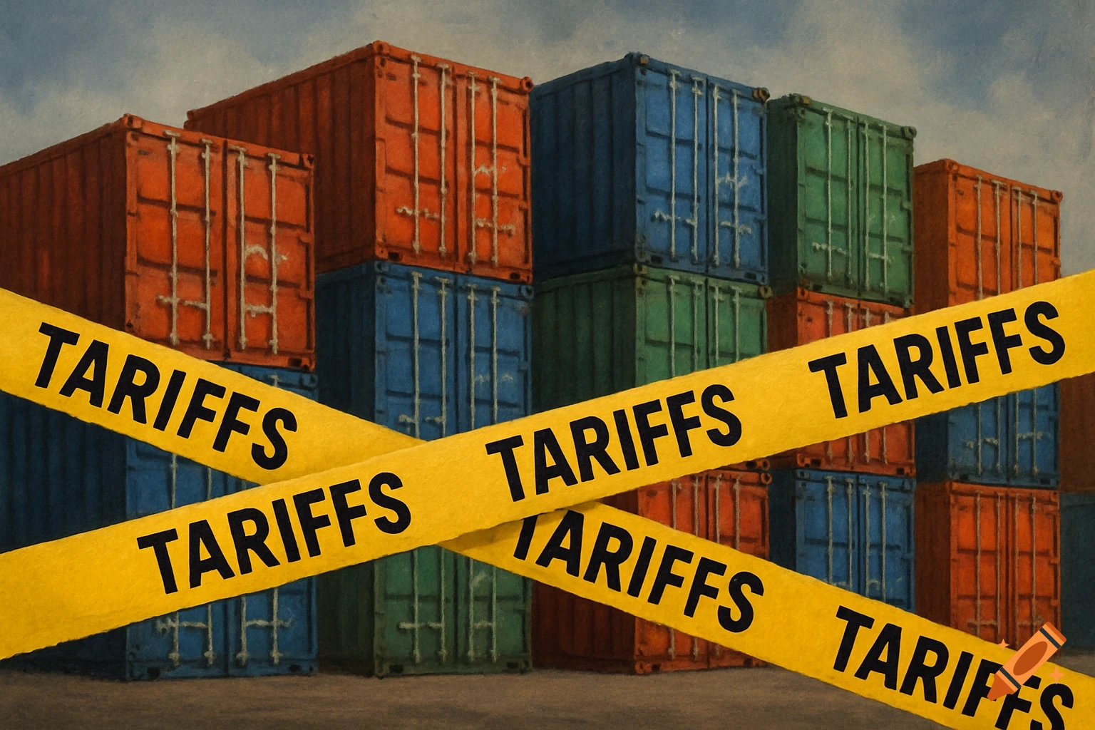 Stacked shipping containers with yellow tape across them reading 'TARIFFS', in an illustration style.