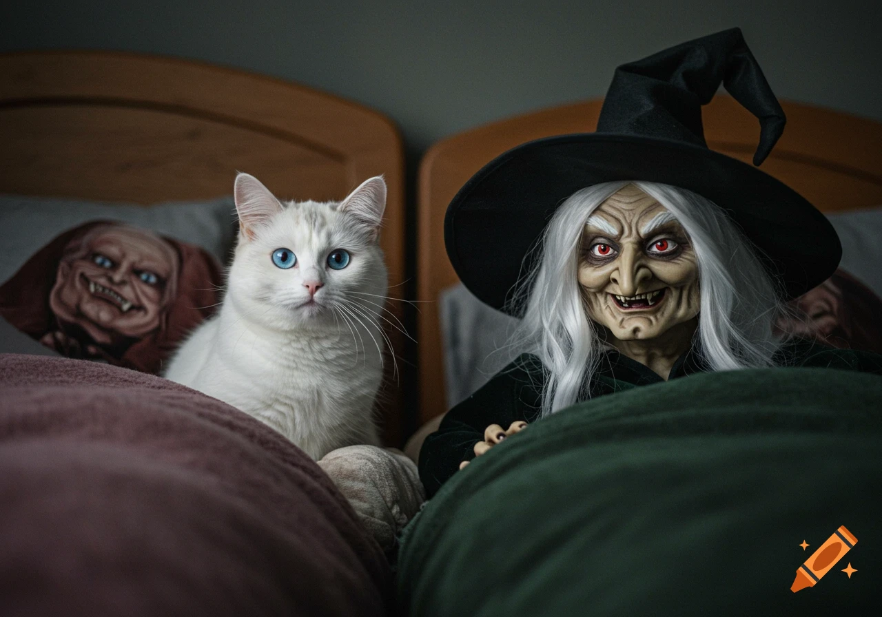 A white cat with blue eyes sits next to a witch figure in beds.