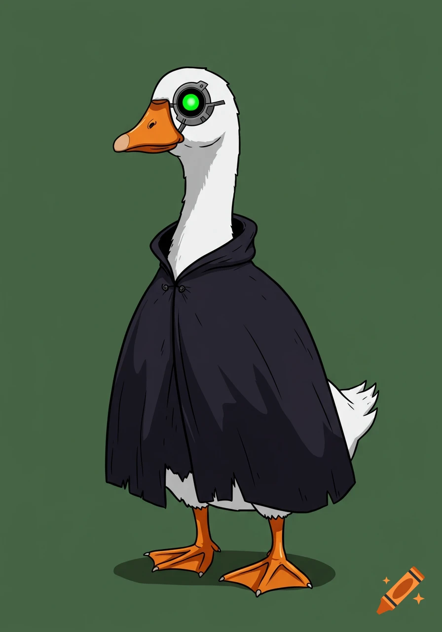 Cartoon goose with a green robot eye wears a dark cloak.