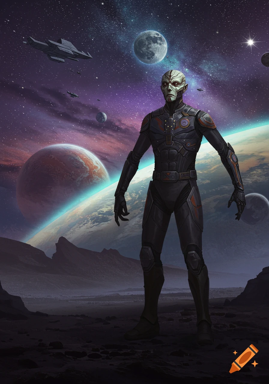 An alien figure in armor stands on a rocky planet surface with planets and spaceships in the background.