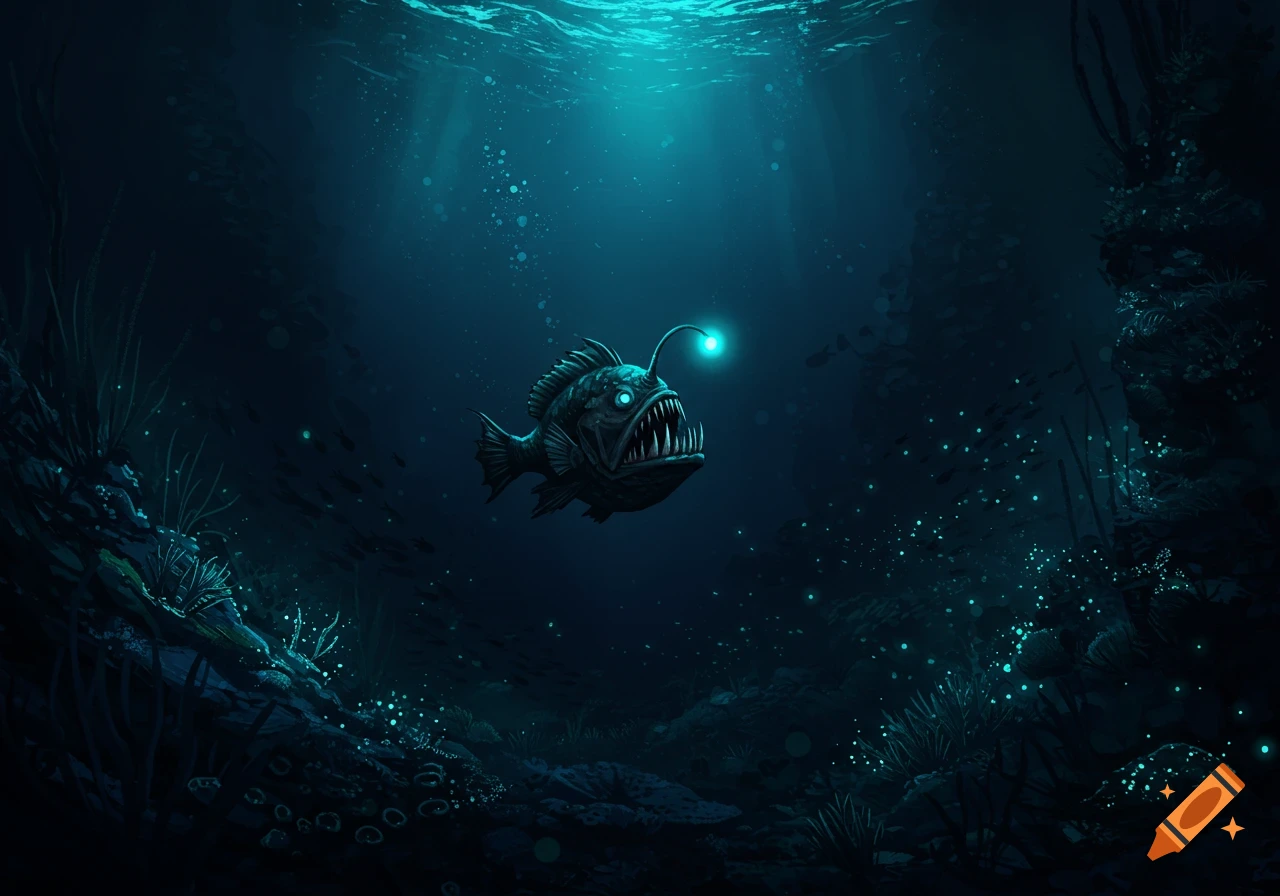 An anglerfish with a glowing lure swims in the deep dark ocean.
