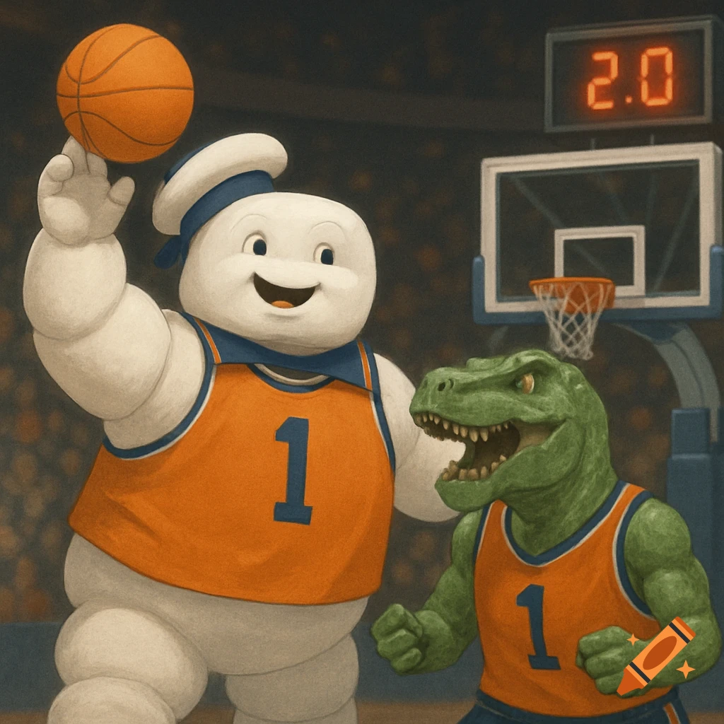 Cartoon characters Stay Puft Marshmallow Man and dinosaur play basketball in a stadium with scoreboard showing 2.0
