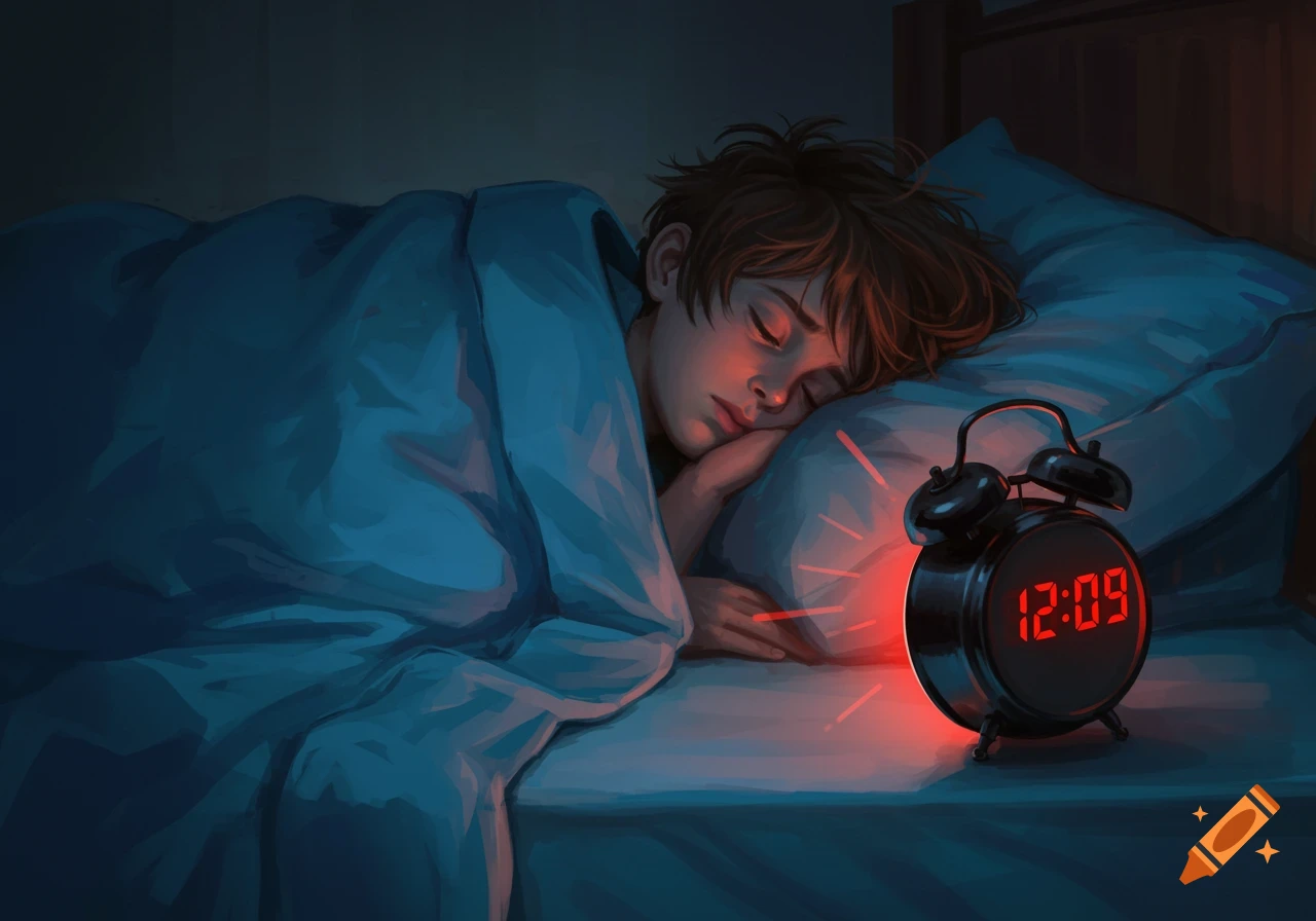 Digital painting of a young boy sleeping next to an alarm clock showing 12:09