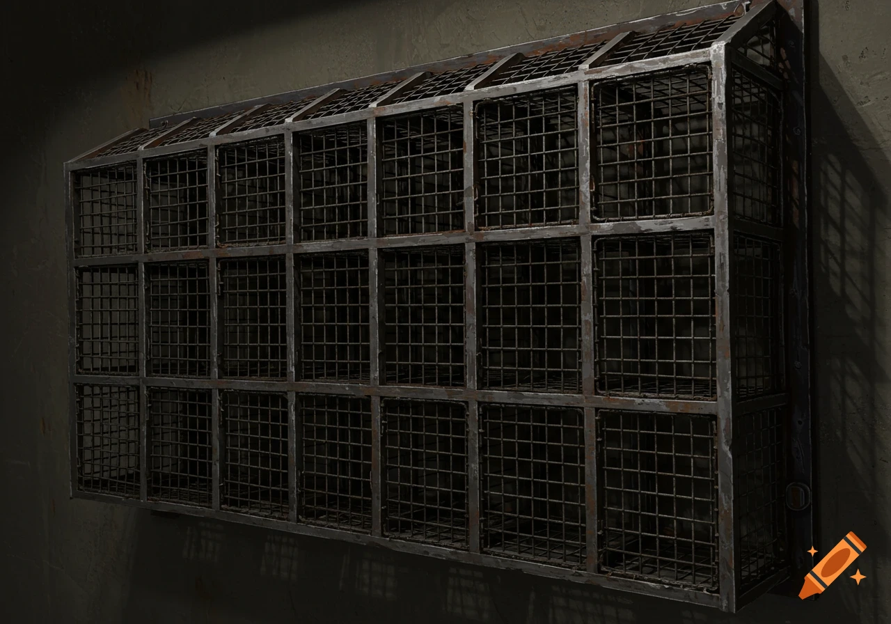 A large, rusty metal cage with many compartments mounted on a wall.