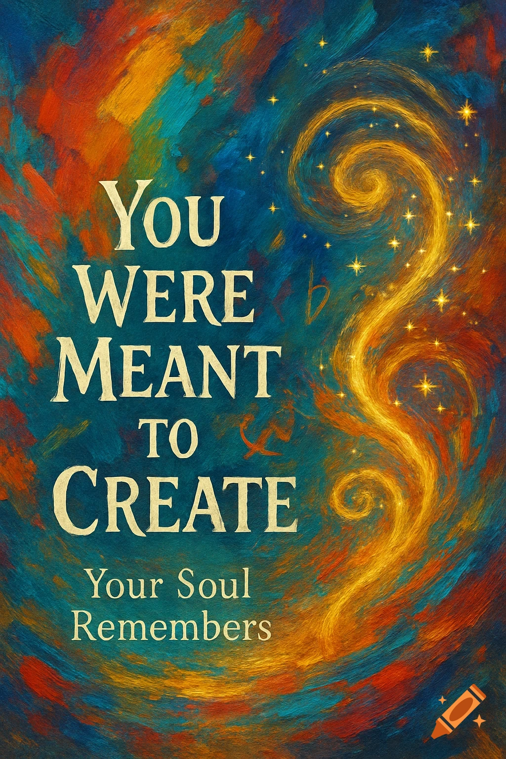 Abstract painting with swirls, stars, and the text "You Were Meant to Create Your Soul Remembers".