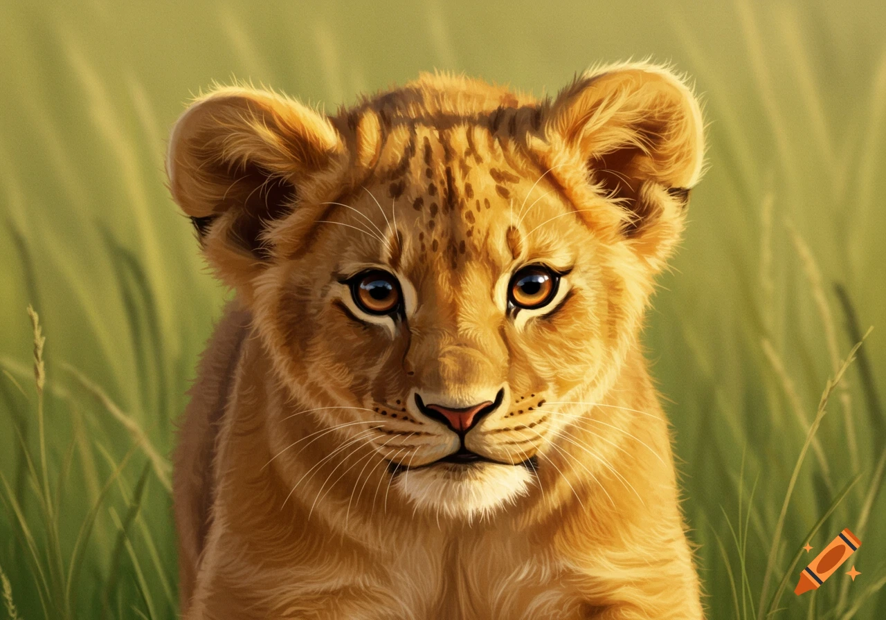 Close-up portrait of a young lion cub with golden fur and dark eyes peeking through tall grass.