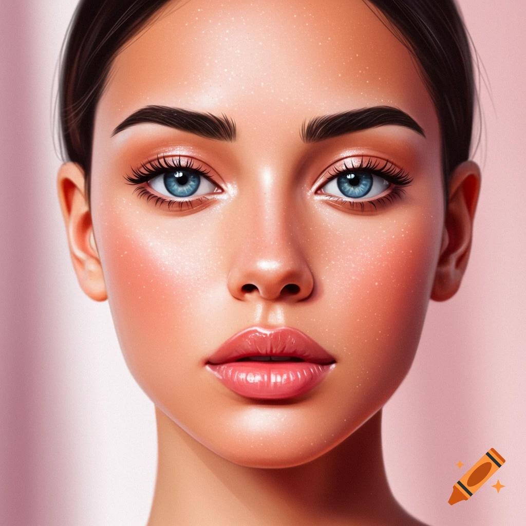 A close-up stylized portrait of a woman's face with striking blue eyes and pink makeup.