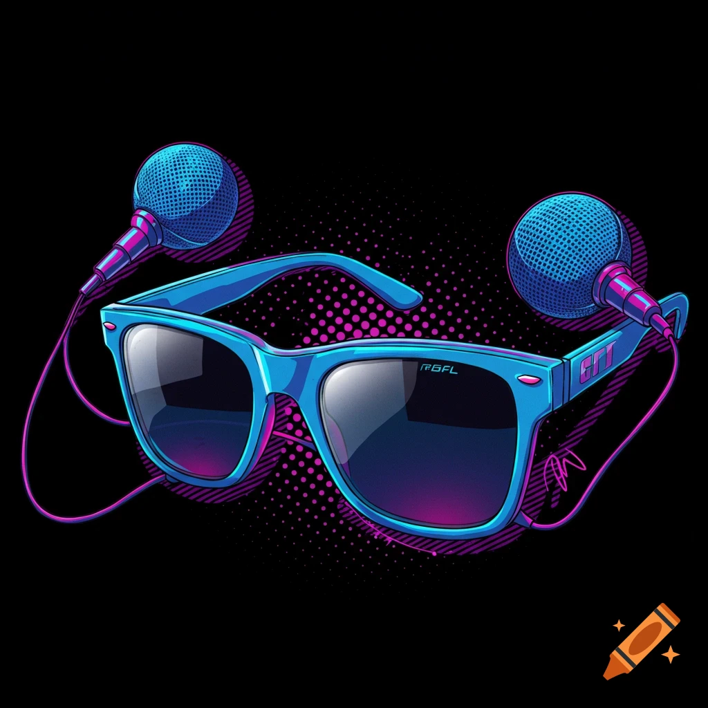 Stylized illustration of blue sunglasses with microphones attached on a black background