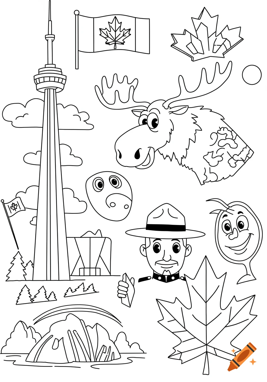 Black and white line art coloring page with Canadian icons like the CN Tower, a moose, Mountie, flag, and maple leaves.