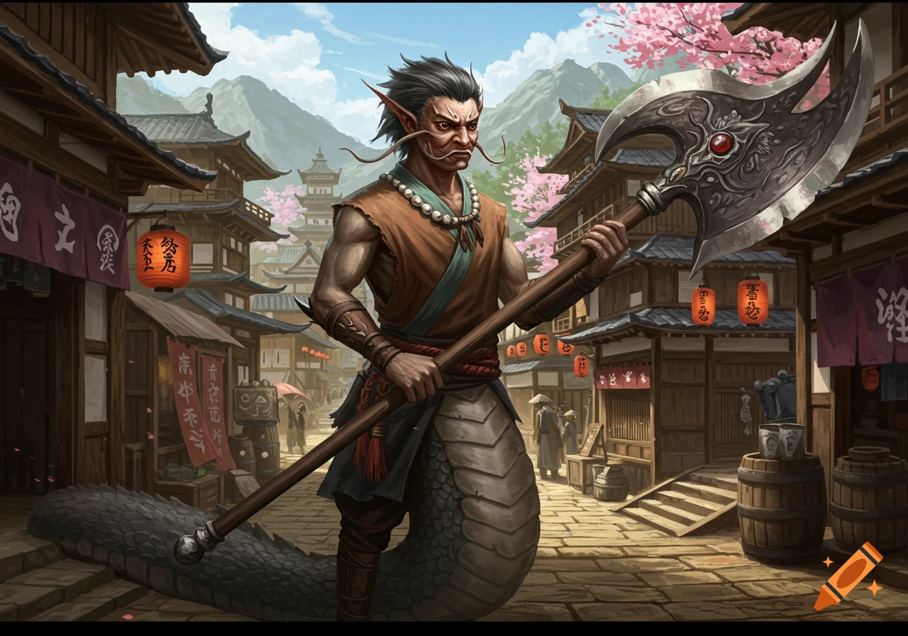 A Nagaji creature holding a large ornate axe in a feudal Japanese village